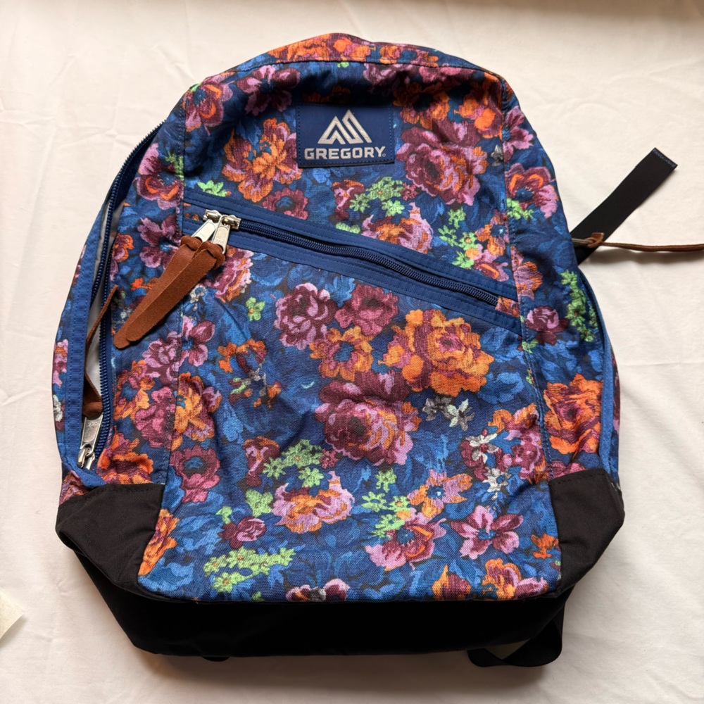 Gregory Blue Floral Backpack with Leather Accents